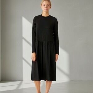 Eileen Fisher Black‎ Fine Jersey Drop Waist Midi Dress XXS Long Sleeve